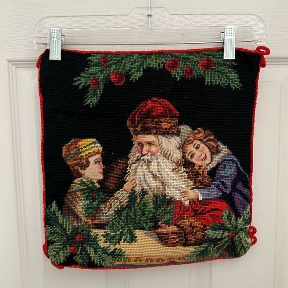 Vintage Needlepoint Santa Christmas Pillow Cover Wool Velvet 14x14 - Picture 1 of 3
